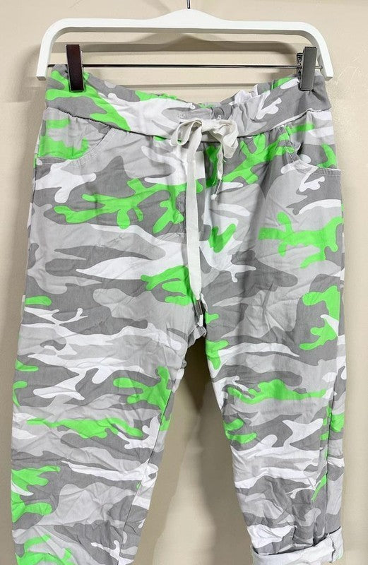 Venti6 Neon Camouflage Print Drawstring Crinkle Capri Neon