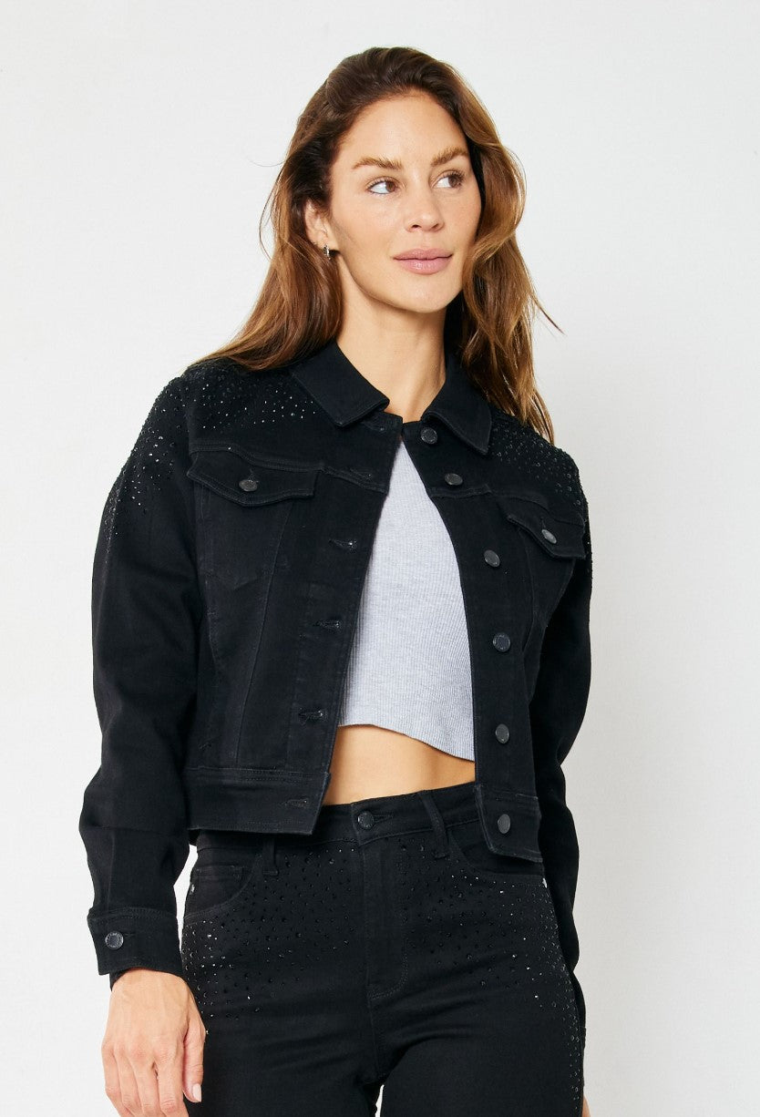 NEW JUDY BLUE Black Denim Rhinestone Embellished Jacket Style