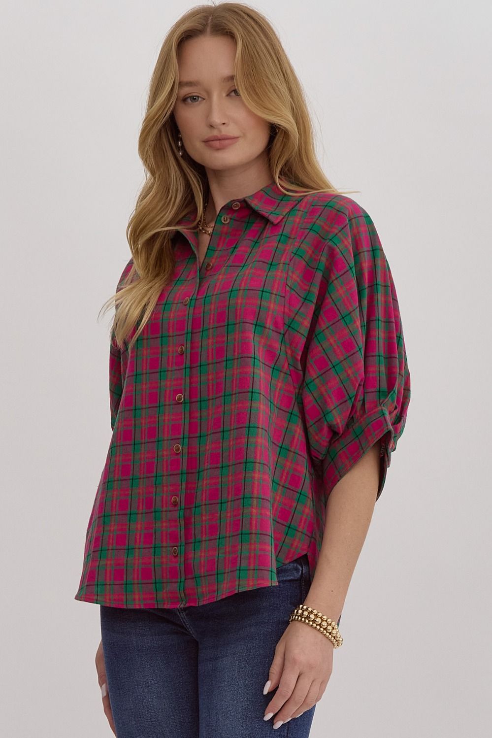 ENTRO Pink and Green Oversized Plaid Button Down Shirt! Medium