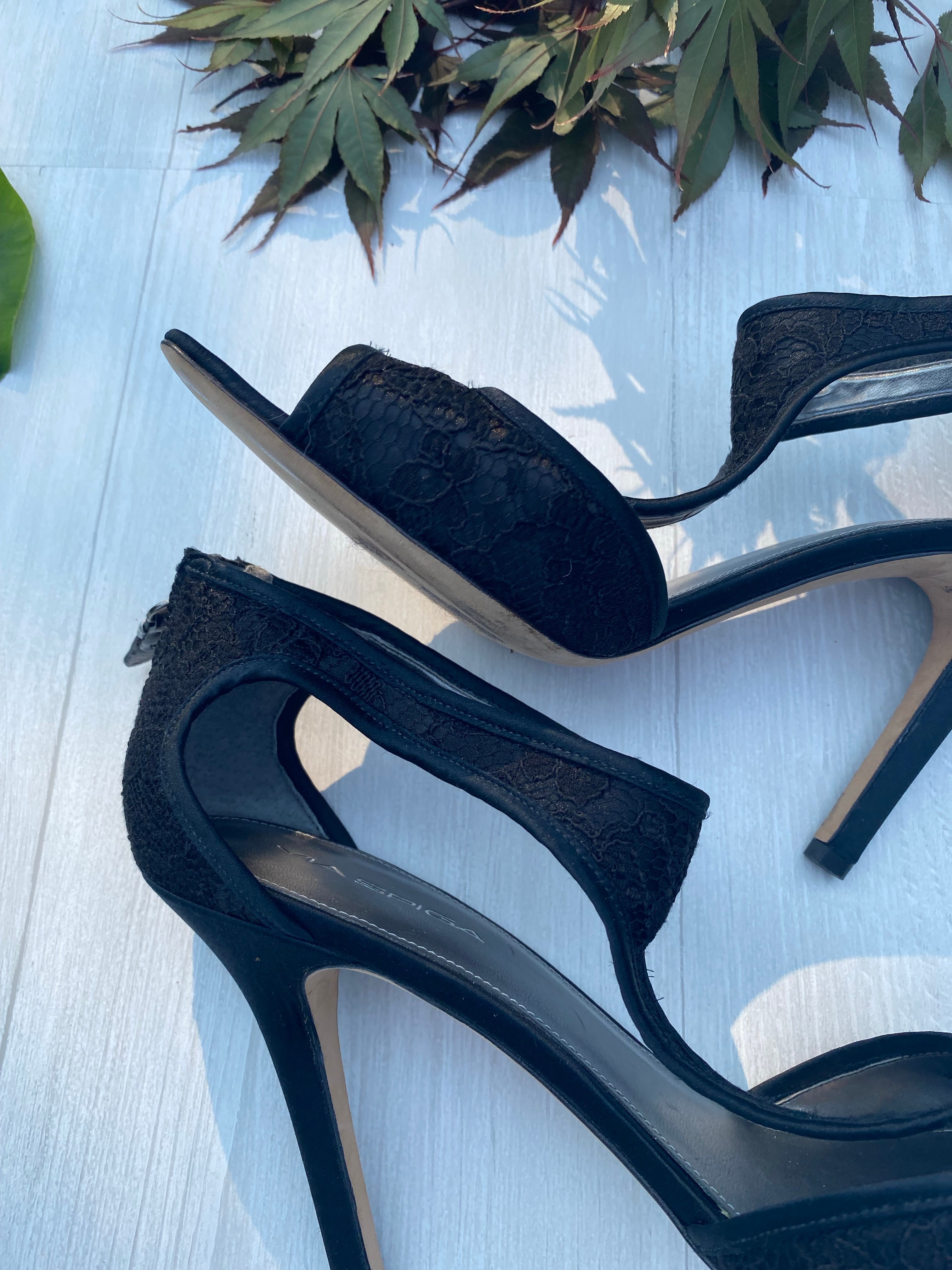 EUC ~ VIA SPIGA Black Lace Peep Toe Heel ~ Size 11  EUC VIA SPIGA Patent Leather Sling Back Heels main image 0