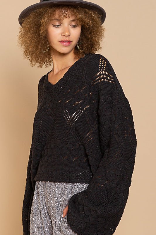 POL Oversized Black Crochet V-Neck Sweater