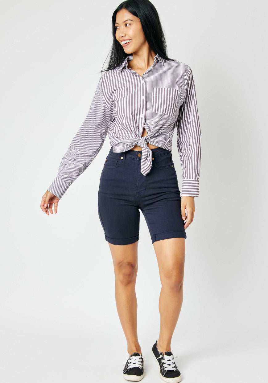 NEW ~ Judy Blue High Waist Navy Garment Dyed Tummy Control Bermuda Shorts - Style 150270
