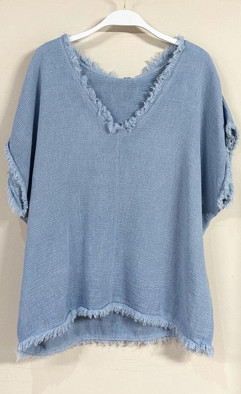 NEW!  Venti6 Textured Woven V Neck Top with Raw Edge - Denim Blue!