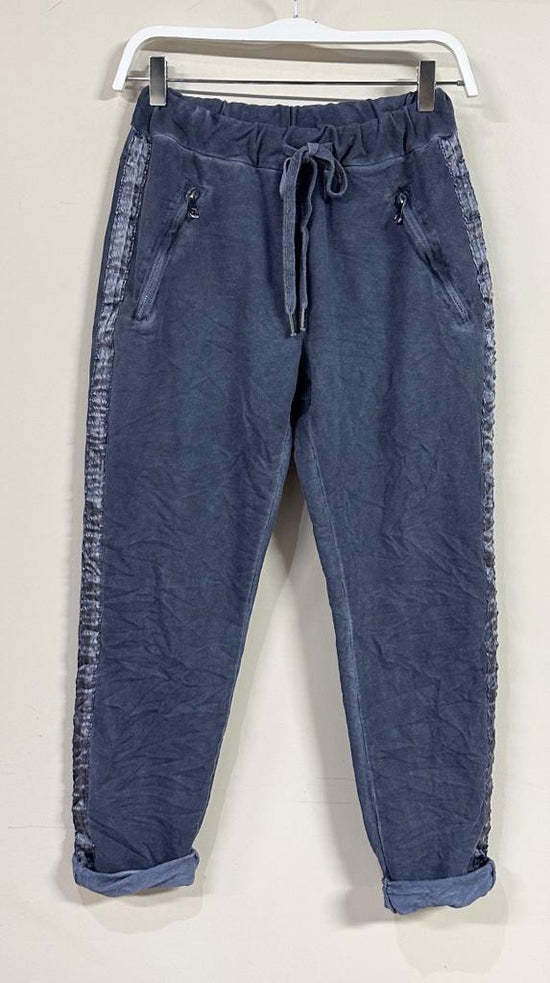 NEW ~ Venti6 NAVY BLUE Mineral Wash Shiny Ribbon Side Stripe Cotton Crinkle Jogger with Size Zip Pockets!