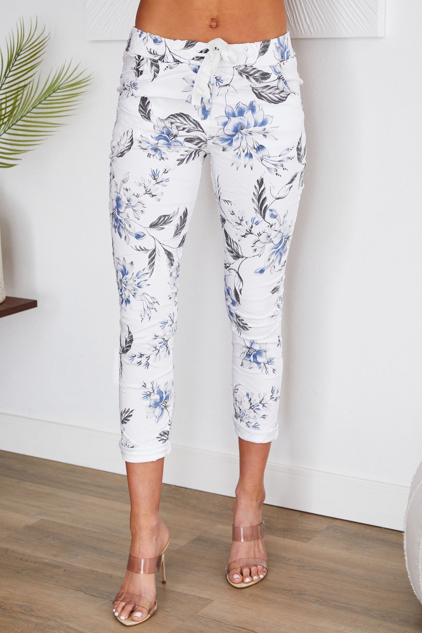 NEW - Venti6 Delicate Blue Flower Print Drawstring Crinkle Joggers with Pockets