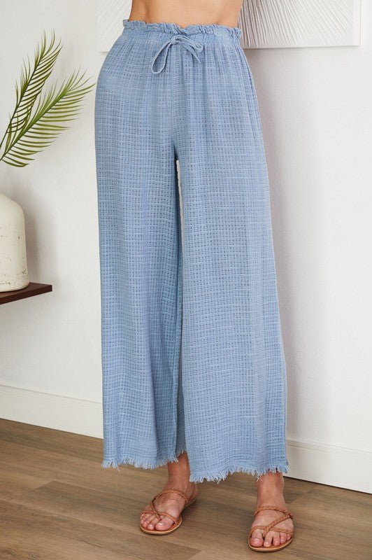 NEW!  Venti6 Textured Woven Cotton Linen Flare Pants with Raw Edge - Denim Blue!