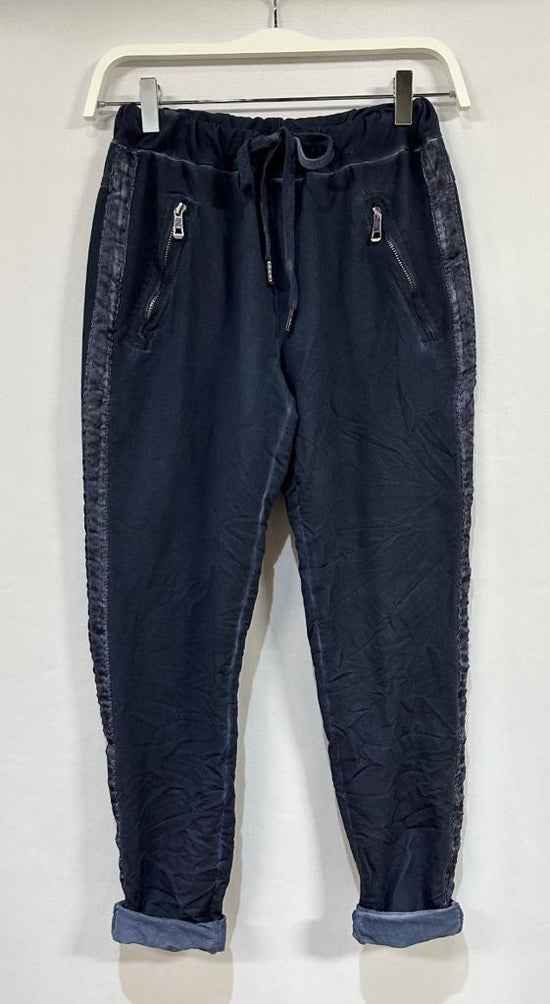 NEW ~ Venti6 NAVY BLUE Mineral Wash Shiny Ribbon Side Stripe Cotton Crinkle Jogger with Size Zip Pockets!