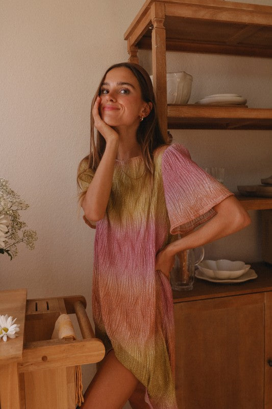 If She Loves ~ Pleated Knit Lime/Pink/Papaya Ombre Dress with Bell Sleeves!