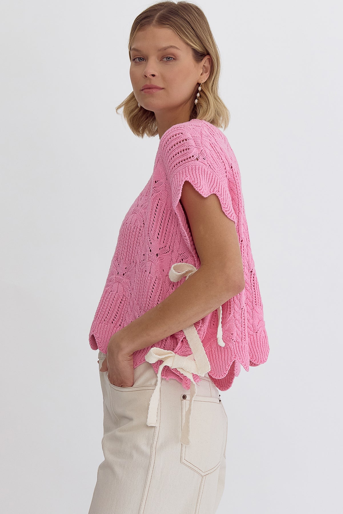 Entro ~ PINK Crochet Knit Short Sleeve Crop Top Sweater with Scalloped Hem!