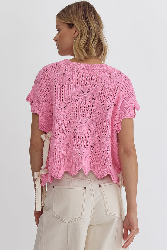 Entro ~ PINK Crochet Knit Short Sleeve Crop Top Sweater with Scalloped Hem!