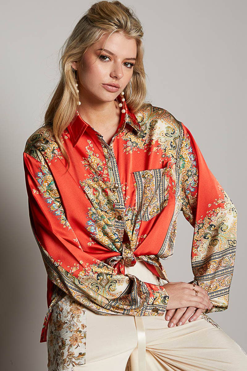 Long sleeve woven prints button down shirt: L / Red