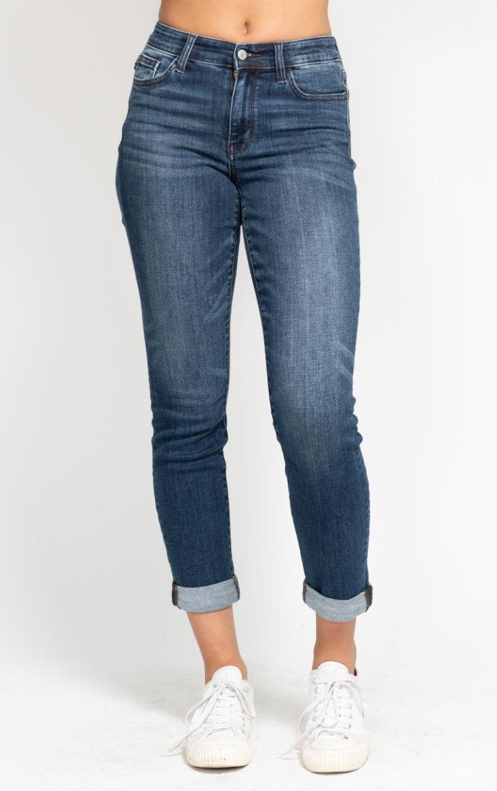 Judy Blue ~ Mid Rise Cuffed Slim Fit Dark Rinse Jeans - Style 82428~ Available in Sizes 3-24W!