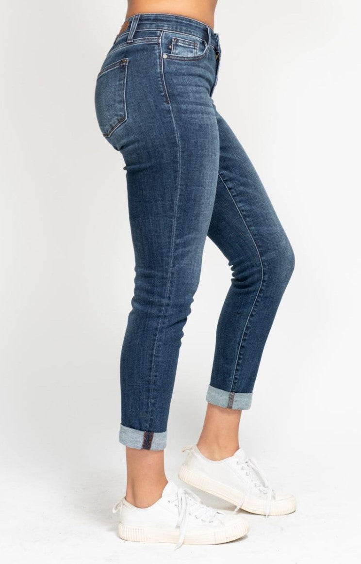 Judy Blue ~ Mid Rise Cuffed Slim Fit Dark Rinse Jeans - Style 82428~ Available in Sizes 3-24W!