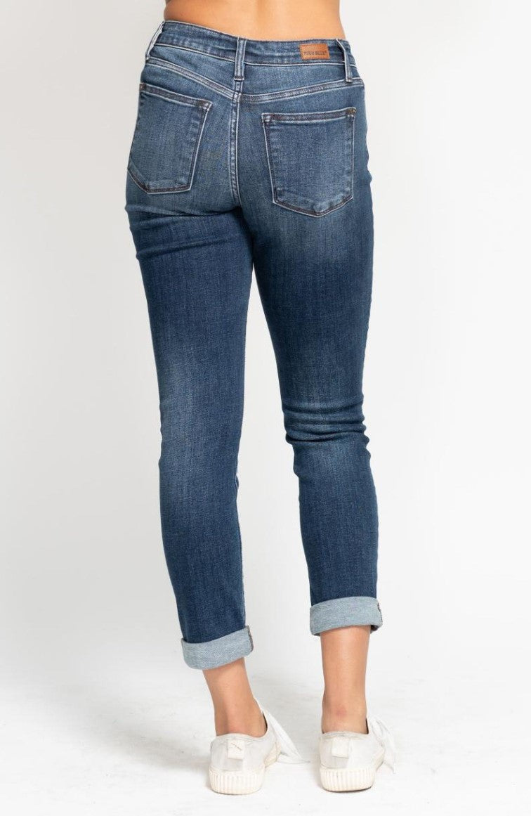 Judy Blue ~ Mid Rise Cuffed Slim Fit Dark Rinse Jeans - Style 82428~ Available in Sizes 3-24W!