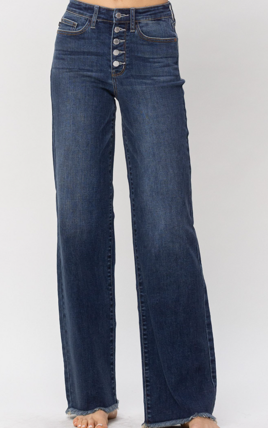 Judy Blue ~ High Waist Dark Rinse Button Fly Wide Leg Jeans ~ Style 82503 ~ Available in CURVY!