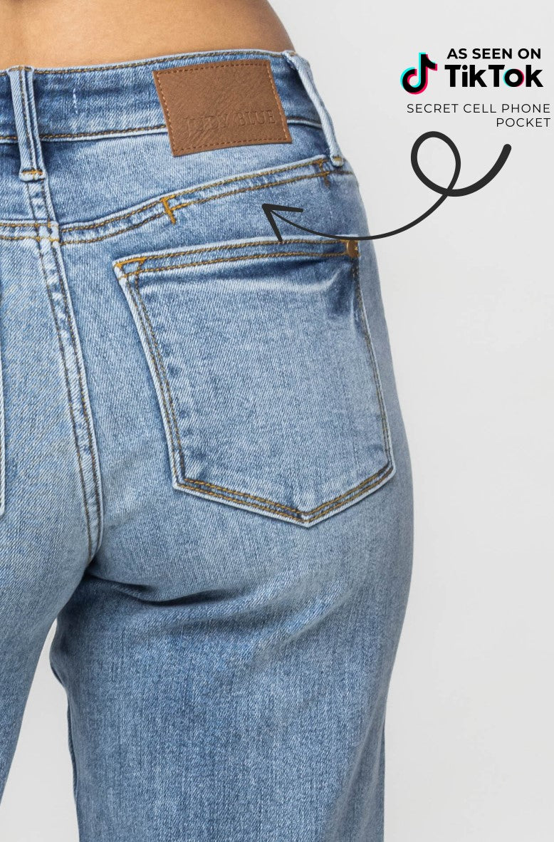 BESTSELLER!  Judy Blue Mid Rise Yoke TIK TOK Famous Cell Phone Pocket Dad Jean ~ Style 82540