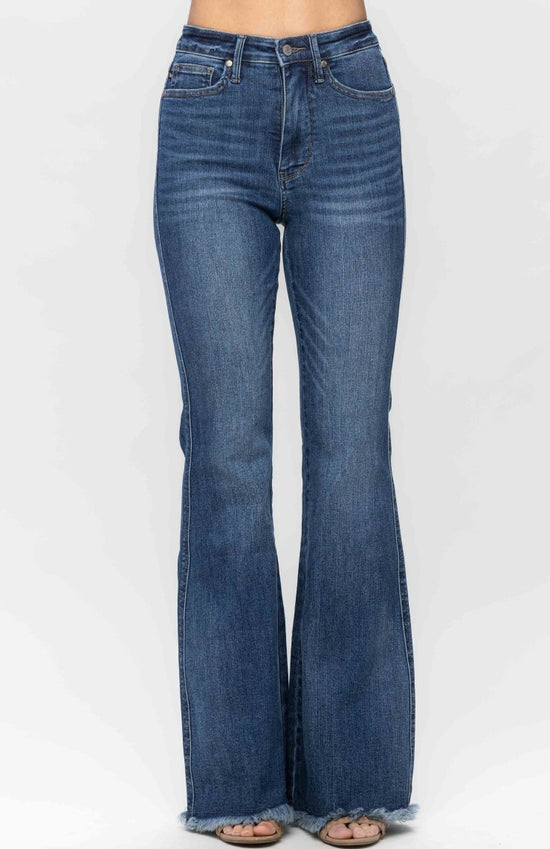 Judy Blue High Waist Tummy Control Fray Hem Flare Jeans ~ Medium Rinse~ Style 88681 ~ Available in CURVY!