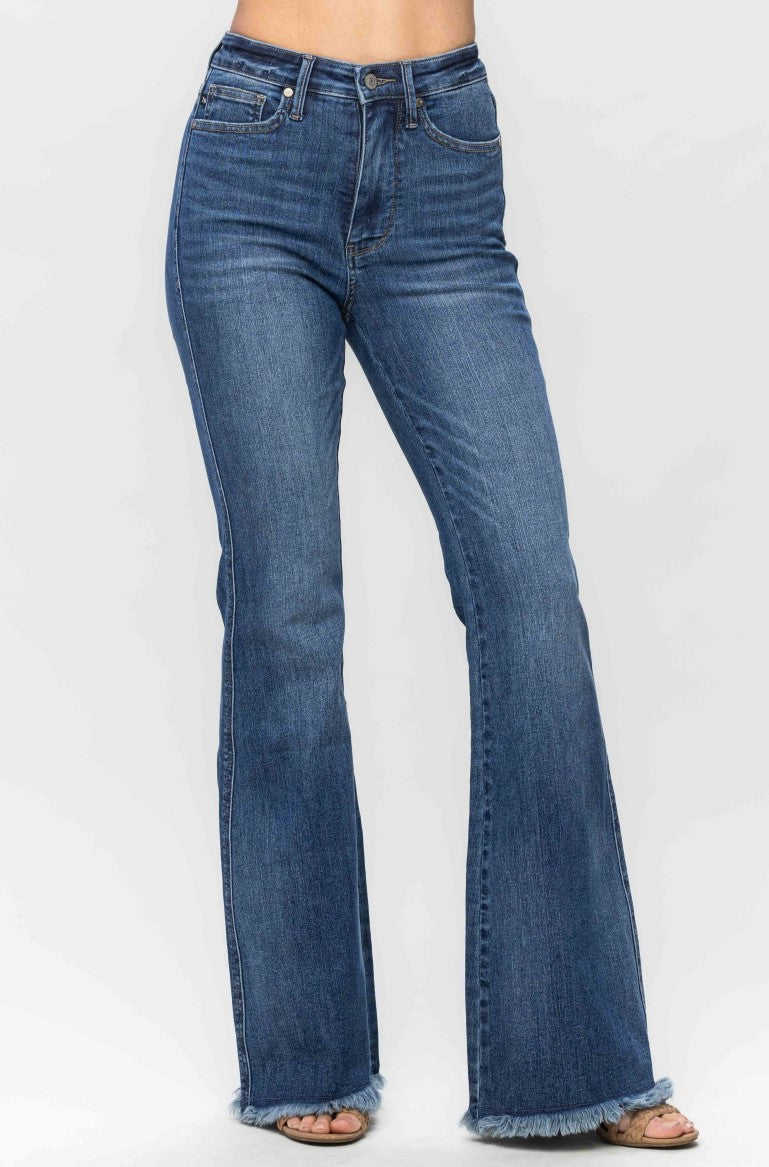 Judy Blue High Waist Tummy Control Fray Hem Flare Jeans ~ Medium Rinse~ Style 88681 ~ Available in CURVY!