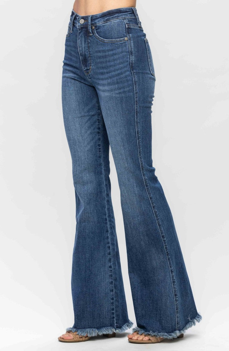 Judy Blue High Waist Tummy Control Fray Hem Flare Jeans ~ Medium Rinse~ Style 88681 ~ Available in CURVY!