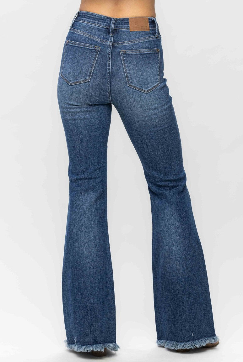 Judy Blue High Waist Tummy Control Fray Hem Flare Jeans ~ Medium Rinse~ Style 88681 ~ Available in CURVY!