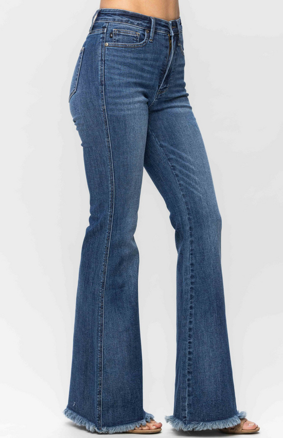 Judy Blue High Waist Tummy Control Fray Hem Flare Jeans ~ Medium Rinse~ Style 88681 ~ Available in CURVY!