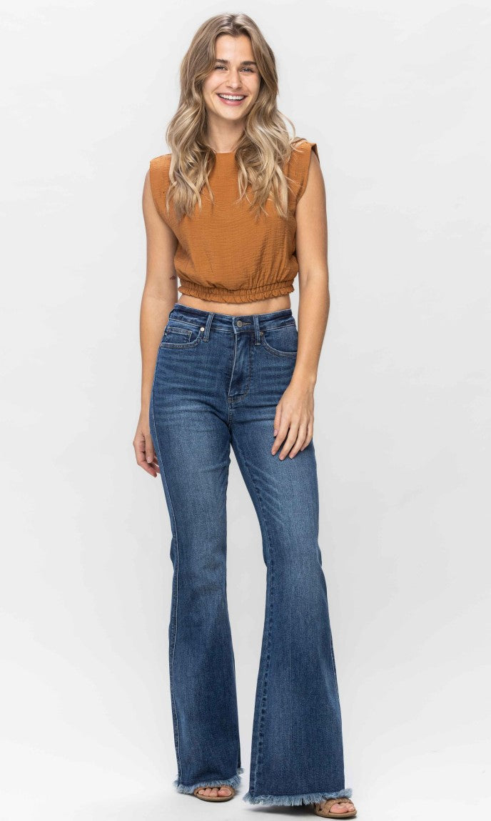 Judy Blue High Waist Tummy Control Fray Hem Flare Jeans ~ Medium Rinse~ Style 88681 ~ Available in CURVY!