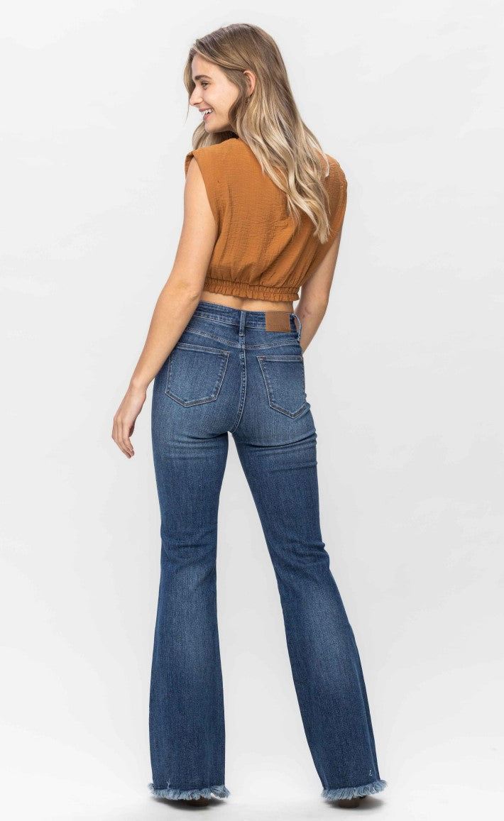 Judy Blue High Waist Tummy Control Fray Hem Flare Jeans ~ Medium Rinse~ Style 88681 ~ Available in CURVY!