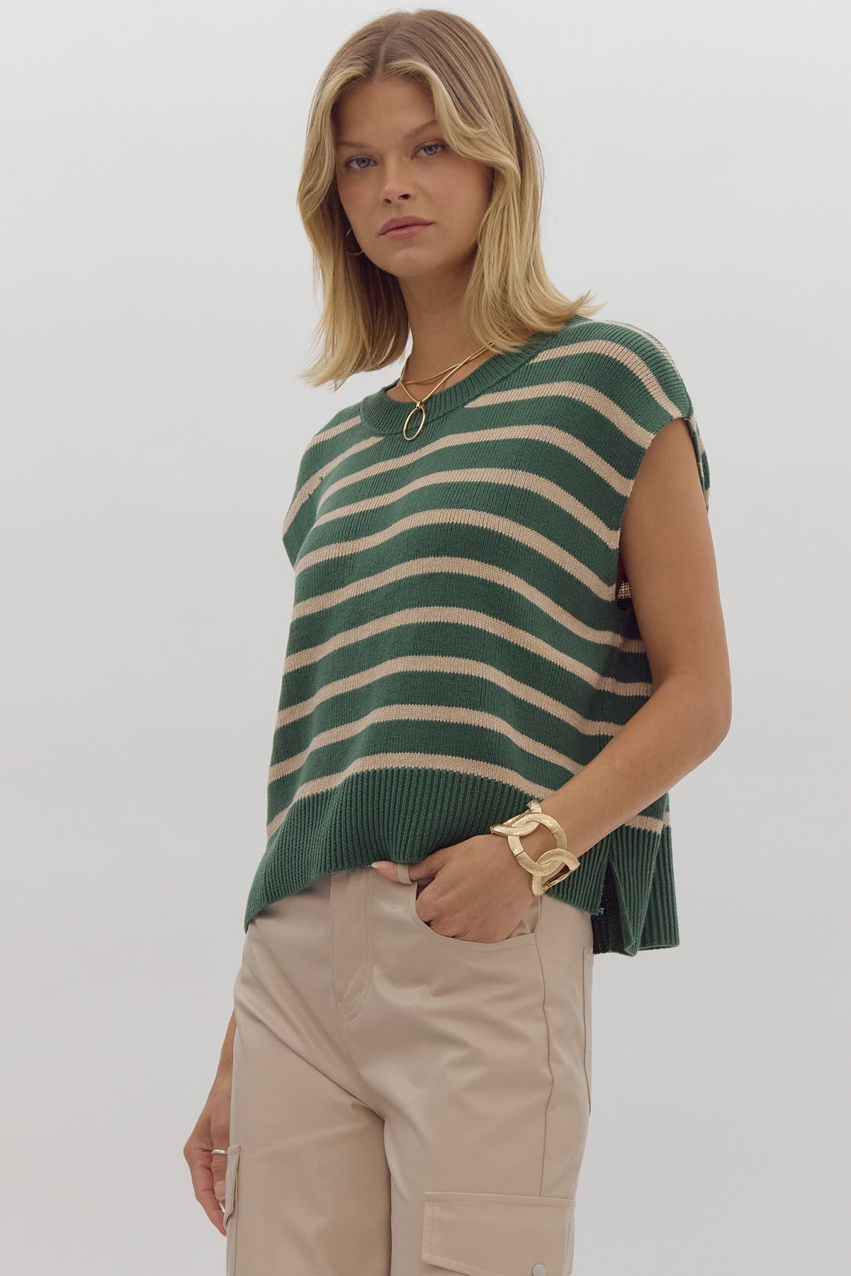 ENTRO Stripe Print Round Neck Short Sleeve Knit Top ~ Pine & Beige!