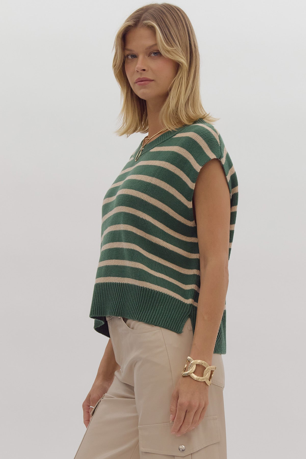 ENTRO Stripe Print Round Neck Short Sleeve Knit Top ~ Pine & Beige!