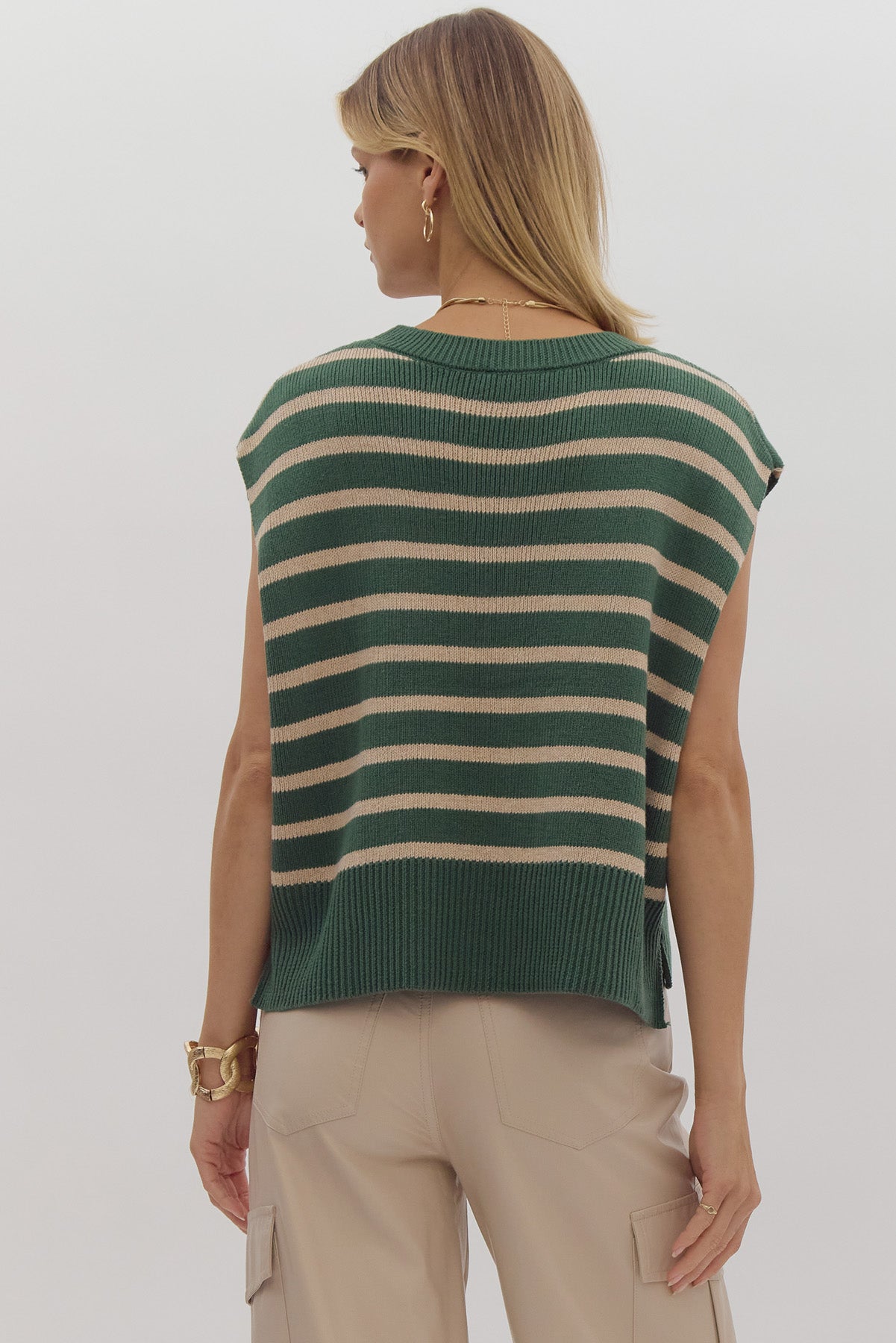 ENTRO Stripe Print Round Neck Short Sleeve Knit Top ~ Pine & Beige!