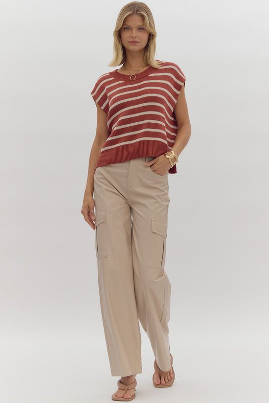 ENTRO Stripe Print Round Neck Short Sleeve Knit Top ~ Brick & Cream!