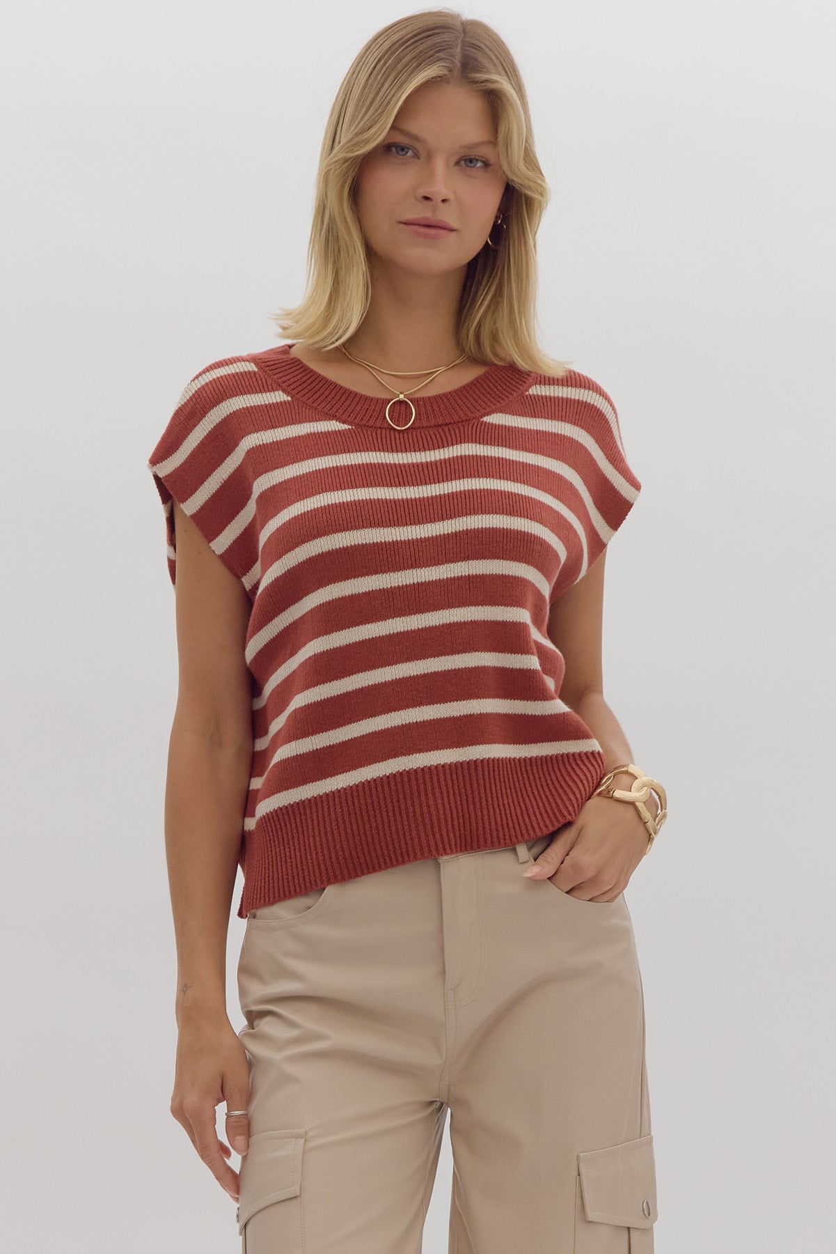 ENTRO Stripe Print Round Neck Short Sleeve Knit Top ~ Brick & Cream!