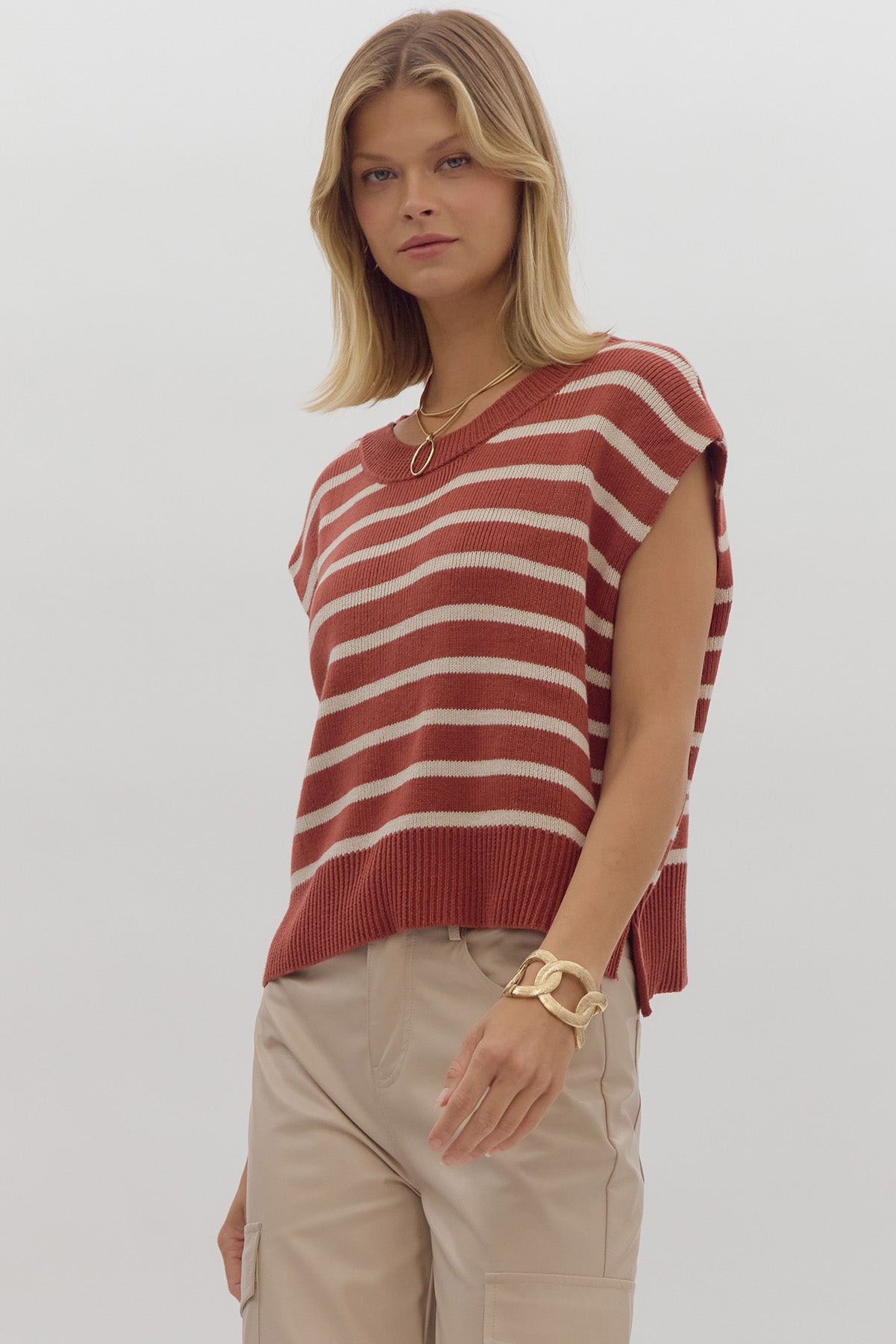 ENTRO Stripe Print Round Neck Short Sleeve Knit Top ~ Brick & Cream!