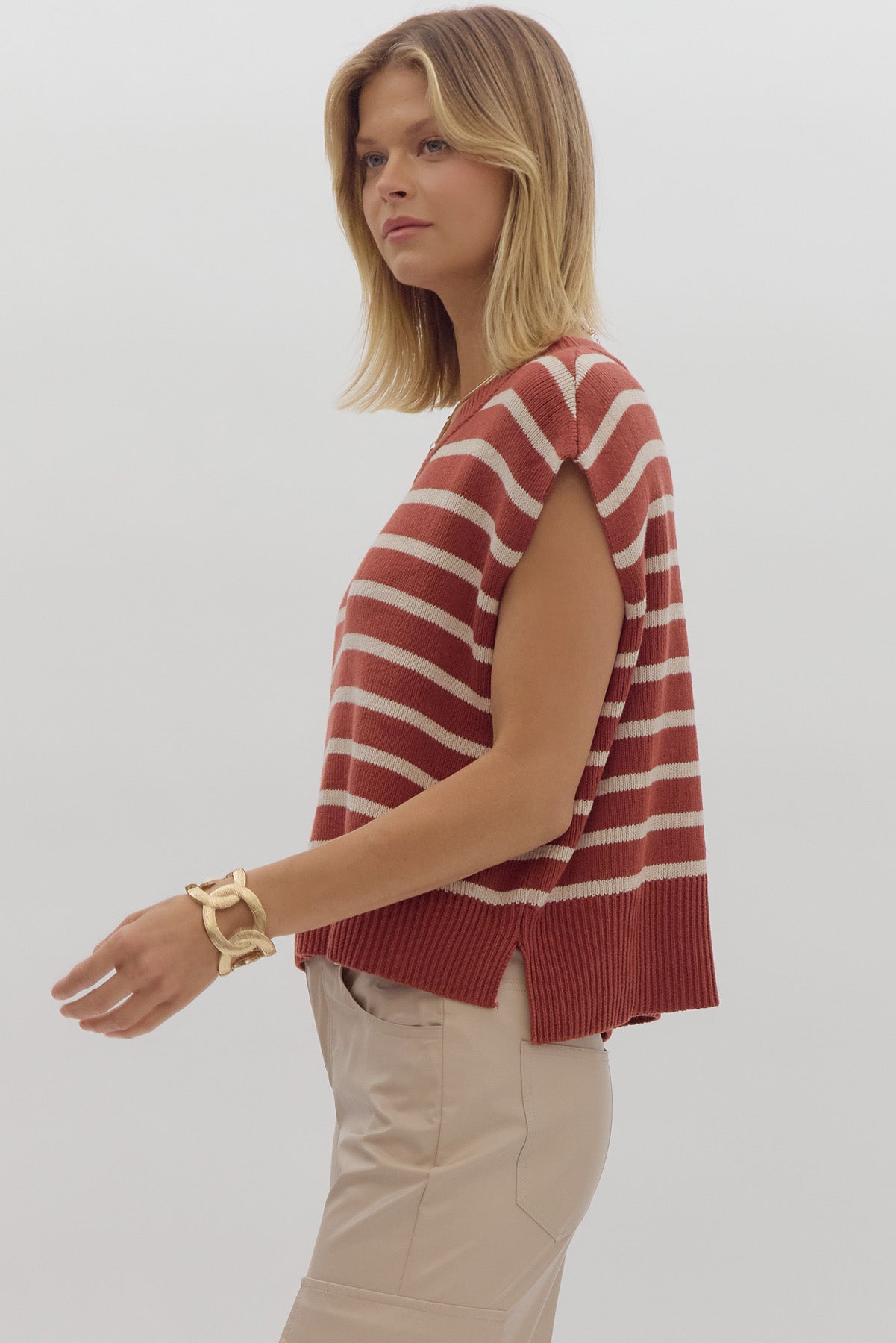 ENTRO Stripe Print Round Neck Short Sleeve Knit Top ~ Brick & Cream!