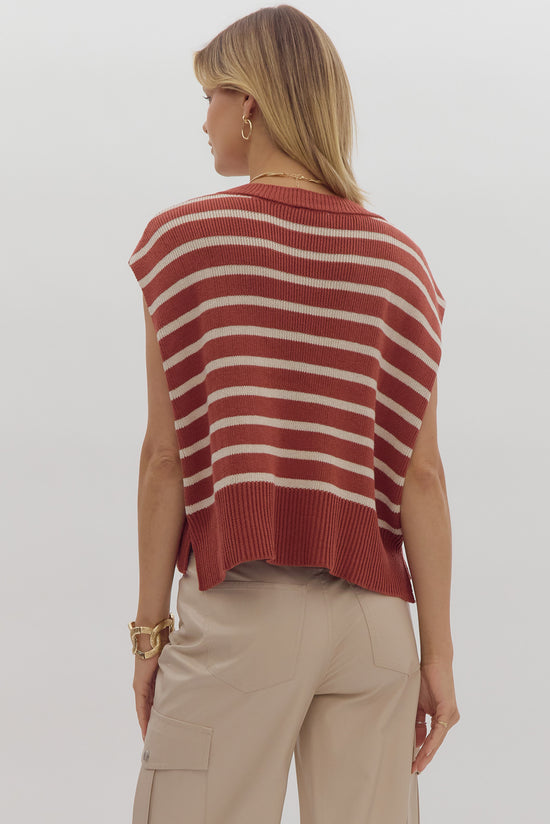 ENTRO Stripe Print Round Neck Short Sleeve Knit Top ~ Brick & Cream!