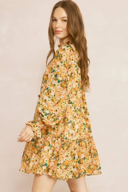 ENTRO - Floral Print Mock Neck Long Sleeve Tiered Mini Dress - Persimmon
