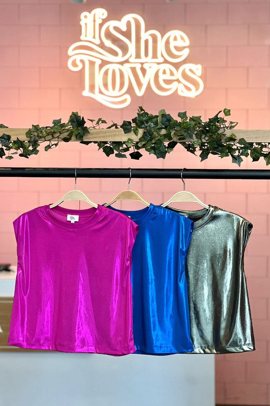 Load image into Gallery viewer, If She Loves - FUCHSIA Metallic Crew Neck Muscle Tee
