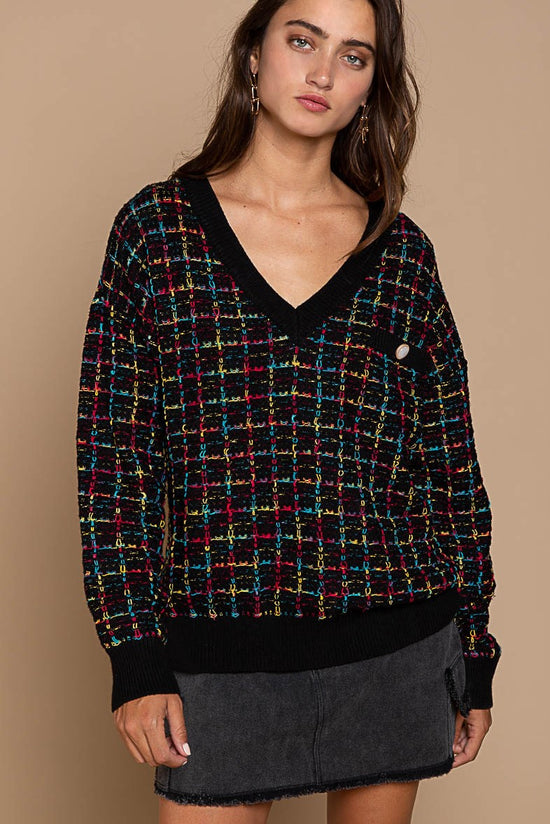 Load image into Gallery viewer, POL ~ Black/Multi Color Check Lightweight Sweater!
