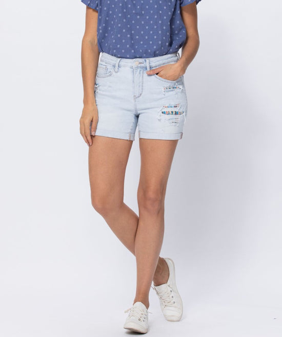 Judy Blue High Rise Light Wash Cuffed Shorts with Aztec Design Printed Lining
