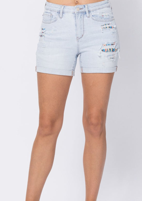 Judy Blue High Rise Light Wash Cuffed Shorts with Aztec Design Printed Lining