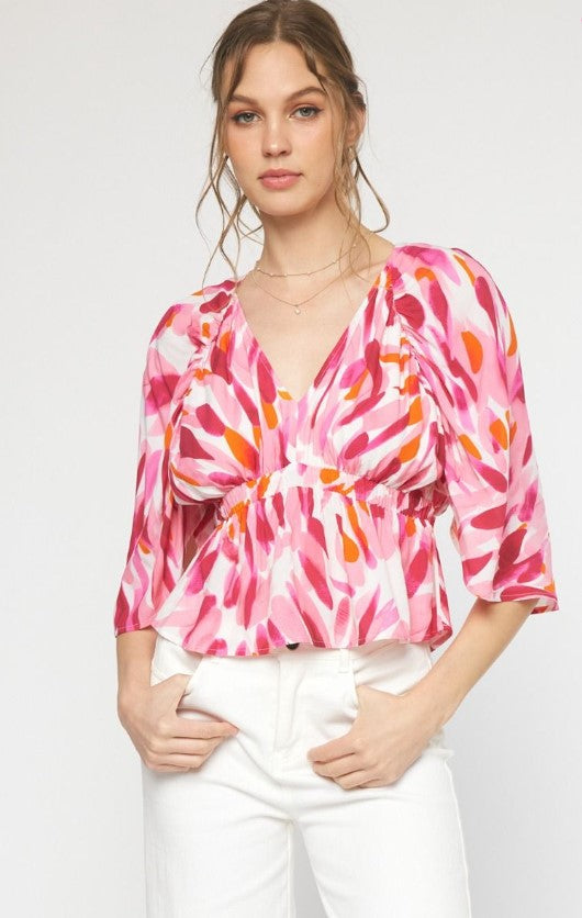 NEW ~ Entro ~ Multicolor Shades of Pink, Orange and White Print Top