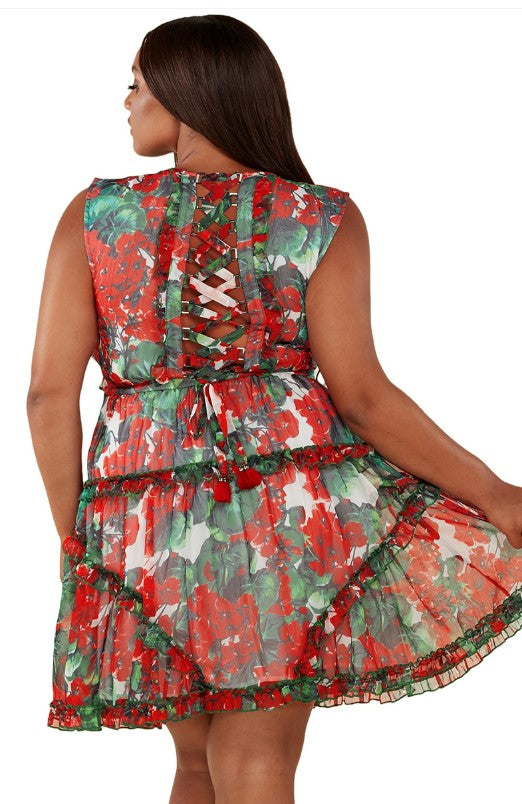 Latiste - Red and Green Floral Print Chiffon Dress Mini Dress ~ CURVY