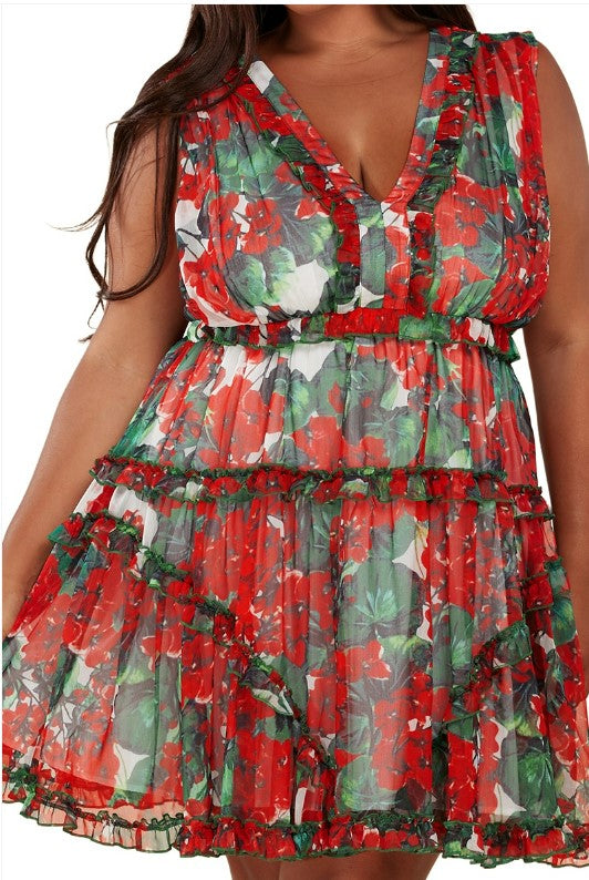 Latiste - Red and Green Floral Print Chiffon Dress Mini Dress ~ CURVY