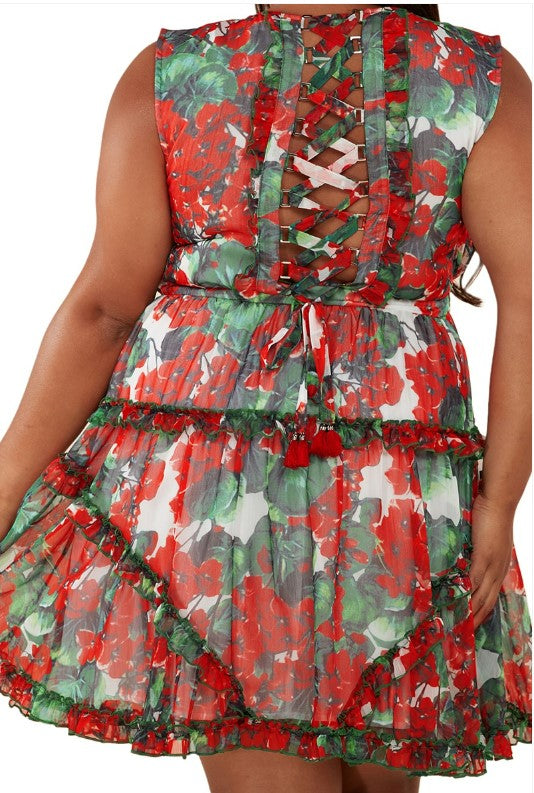 Latiste - Red and Green Floral Print Chiffon Dress Mini Dress ~ CURVY