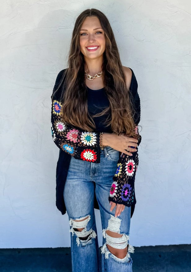 Rita Rainbow Crochet Sleeve Black Cardigan - Available in Curvy!