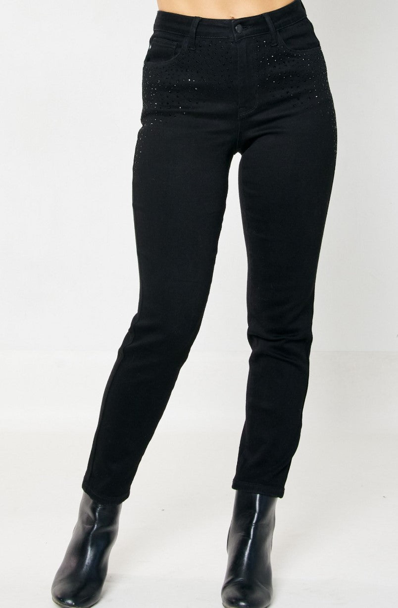 Load image into Gallery viewer, NEW ~ JUDY BLUE High Waist Rhinestone Embellishment Slim Fit Black Jeans ~ Avail in CURVY ~ Style 88809
