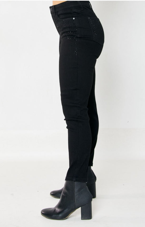 NEW ~ JUDY BLUE High Waist Rhinestone Embellishment Slim Fit Black Jeans ~ Avail in CURVY ~ Style 88809