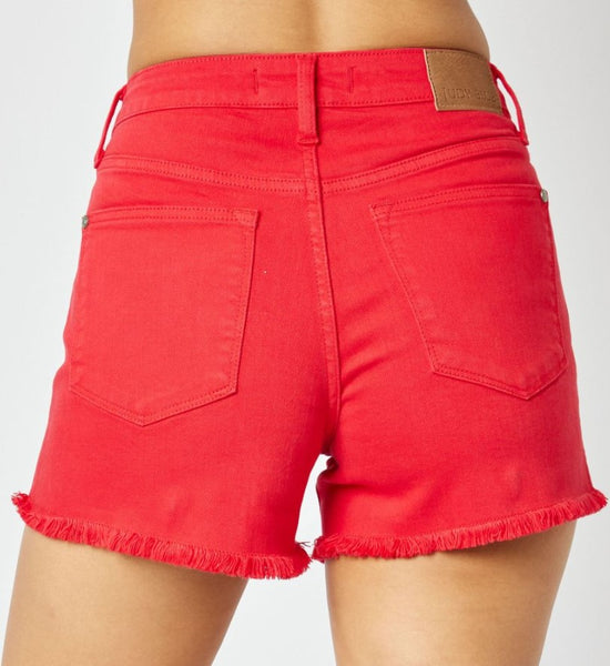 Load image into Gallery viewer, NEW AND HOT!  SPRING 2024 ~ Judy Blue Mid Rise Garment Dyed Fray Hem Shorts - RED!
