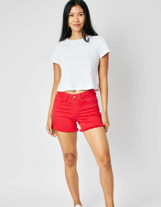 NEW AND HOT!  SPRING 2024 ~ Judy Blue Mid Rise Garment Dyed Fray Hem Shorts - RED!