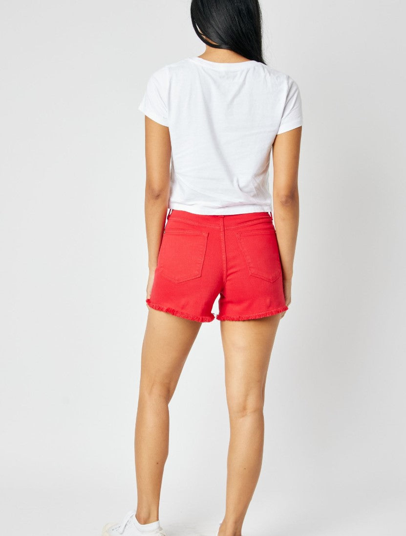 NEW AND HOT!  SPRING 2024 ~ Judy Blue Mid Rise Garment Dyed Fray Hem Shorts - RED!